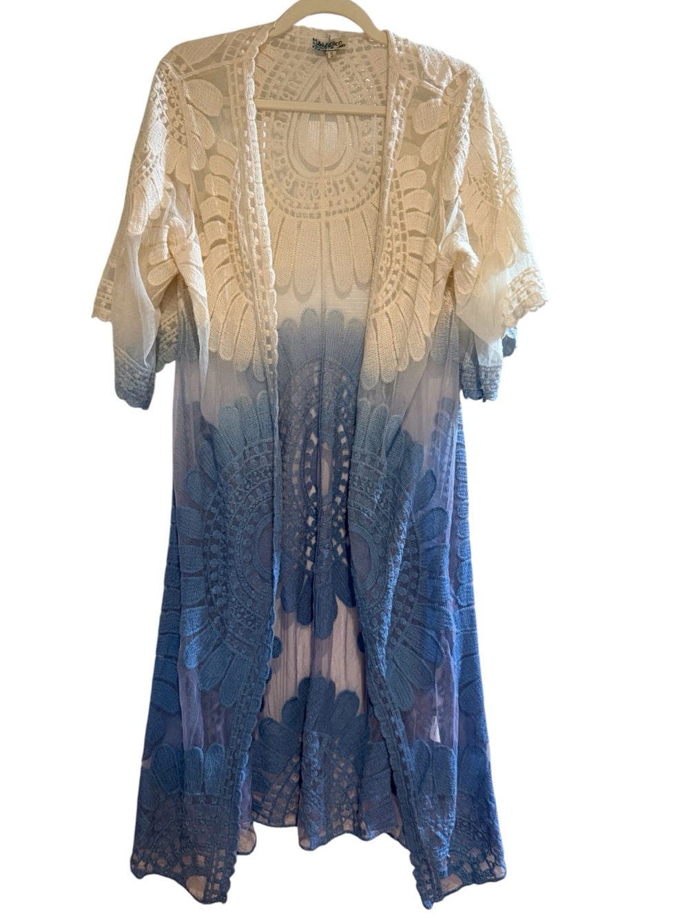 Rebellion Embroidered Lace Duster Kimono Blue Ivory Ombre Small